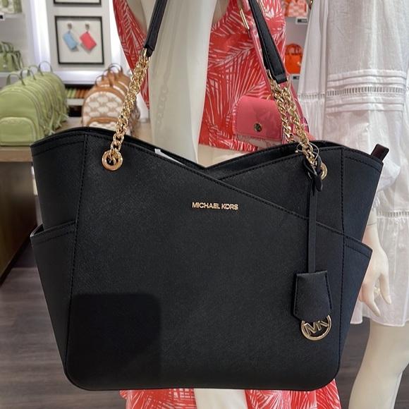 Michael Kors Jet Set Travel Large Chained Tote Shoulder Bag MK Black NWT - Picture 5 of 16